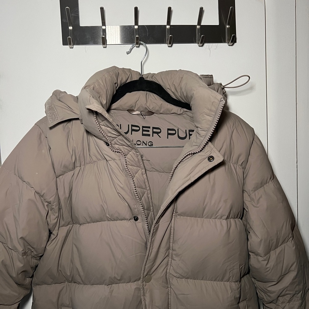Aritzia Super Puff Jacket Long in Taupe